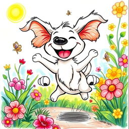 A whimsical drawing of a joyful dog, with exaggerated features such as a big, happy grin and oversized, floppy ears