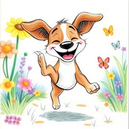 A whimsical drawing of a joyful dog, with exaggerated features such as a big, happy grin and oversized, floppy ears