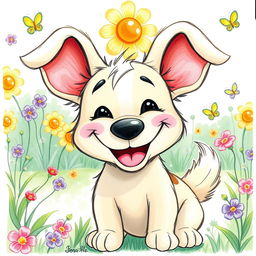 A whimsical drawing of a joyful dog, featuring a big, happy grin and oversized, floppy ears