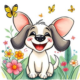 A whimsical drawing of a joyful dog, featuring a big, happy grin and oversized, floppy ears