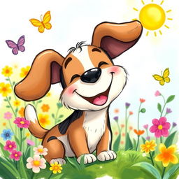 A whimsical drawing of a joyful dog, featuring a big, happy grin and oversized, floppy ears