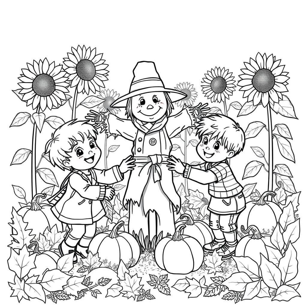 Black and white coloring book illustration capturing the essence of autumn with a detailed scene of two children playing with a scarecrow in a garden