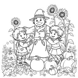 Black and white coloring book illustration capturing the essence of autumn with a detailed scene of two children playing with a scarecrow in a garden