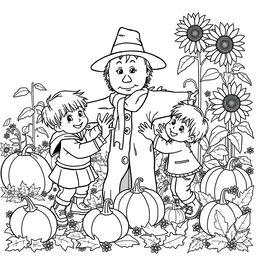 Black and white coloring book illustration capturing the essence of autumn with a detailed scene of two children playing with a scarecrow in a garden