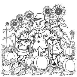 Black and white coloring book illustration capturing the essence of autumn with a detailed scene of two children playing with a scarecrow in a garden