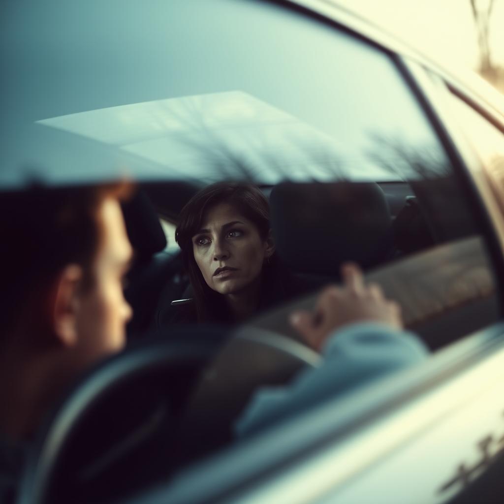 A close-up scene from inside a car, capturing the driver watching curiously the woman sitting in the passenger seat