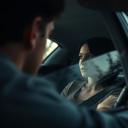 A close-up scene from inside a car, capturing the driver watching curiously the woman sitting in the passenger seat