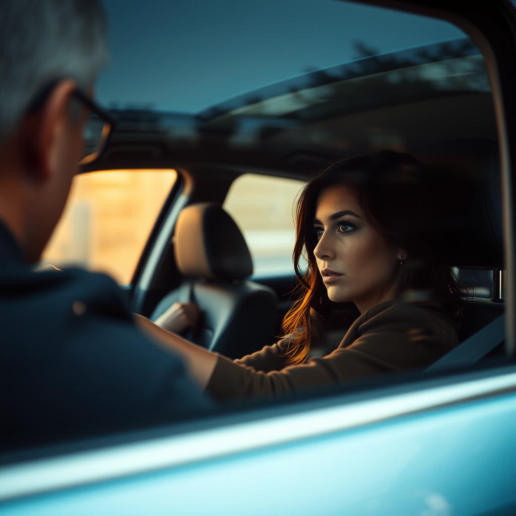 A close-up scene from inside a car, capturing the driver watching curiously the woman sitting in the passenger seat