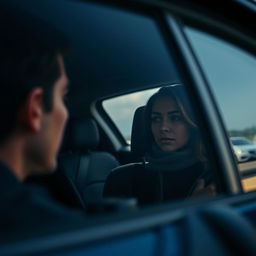 A close-up scene from inside a car, capturing the driver watching curiously the woman sitting in the passenger seat