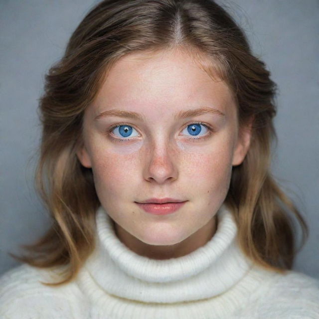 A portrait of a light brown-haired girl with sparkling blue eyes, a snub nose, and a round face, donned up in a cozy white sweater.