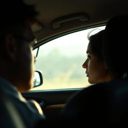 A close-up scene from inside a car, showing the driver watching curiously at the woman sitting in the passenger seat