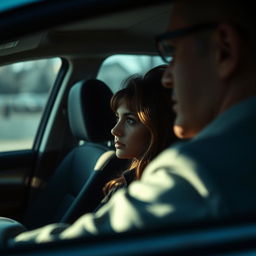 A close-up scene from inside a car, showing the driver watching curiously at the woman sitting in the passenger seat