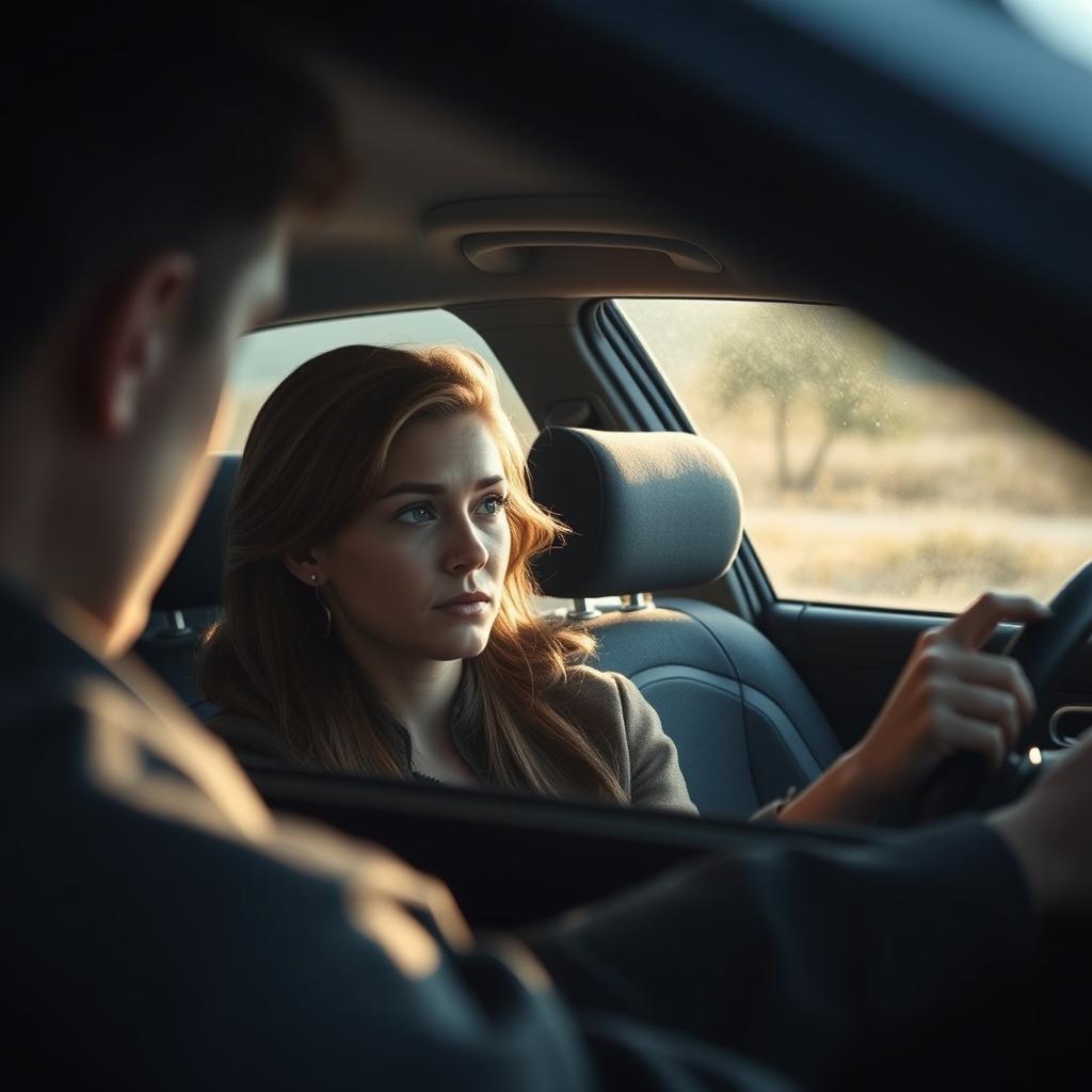 A close-up scene from inside a car, showing the driver watching curiously at the woman sitting in the passenger seat