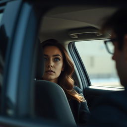 A close-up scene from inside a car, showing the driver watching curiously at the woman sitting in the passenger seat