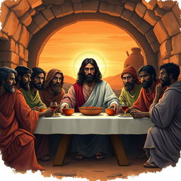 The Last Supper of Jesus Christ with the 12 apostles, each having green eyes and dark skin