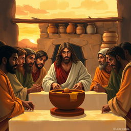 The Last Supper of Jesus Christ with the 12 apostles, each having green eyes and dark skin