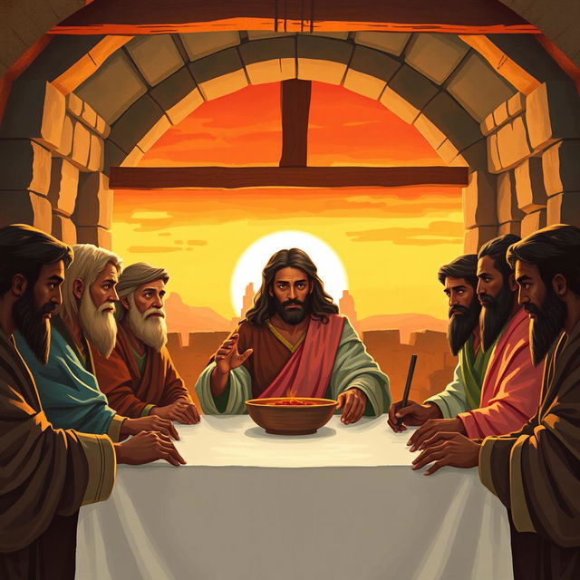 The Last Supper of Jesus Christ with the 12 apostles, each having green eyes and dark skin