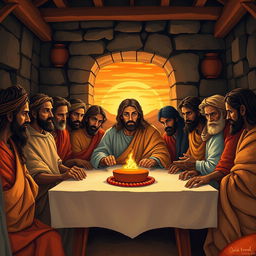 The Last Supper of Jesus Christ with the 12 apostles, each having green eyes and dark skin