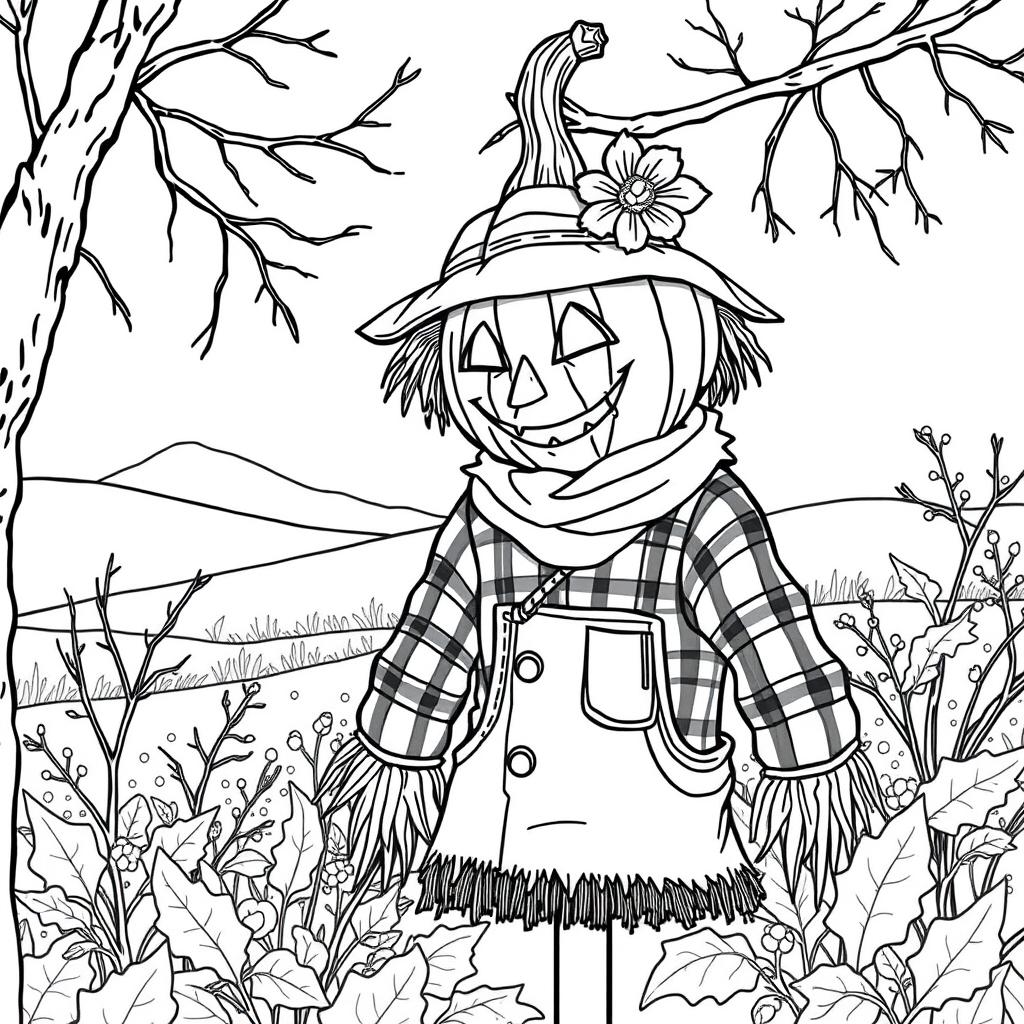 Black and white coloring book illustration capturing the essence of fall and winter with a detailed image of a pumpkin-headed scarecrow hanging in a garden