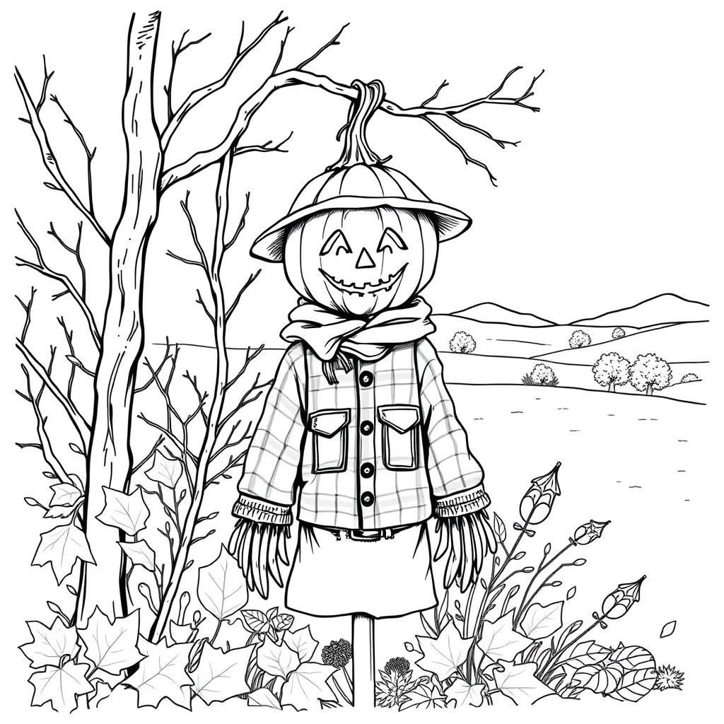 Black and white coloring book illustration capturing the essence of fall and winter with a detailed image of a pumpkin-headed scarecrow hanging in a garden