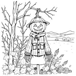 Black and white coloring book illustration capturing the essence of fall and winter with a detailed image of a pumpkin-headed scarecrow hanging in a garden