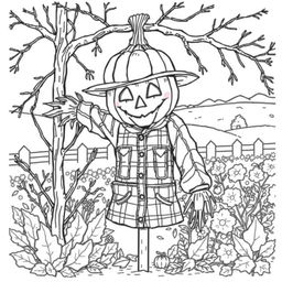 Black and white coloring book illustration capturing the essence of fall and winter with a detailed image of a pumpkin-headed scarecrow hanging in a garden