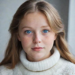 A portrait of a light brown-haired girl with sparkling blue eyes, a snub nose, and a round face, donned up in a cozy white sweater.