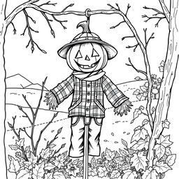 Black and white coloring book illustration capturing the essence of fall and winter with a detailed image of a pumpkin-headed scarecrow hanging in a garden