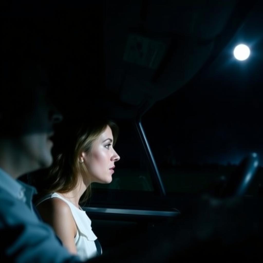 In the foreground, a man and a woman are in a vehicle driving at night