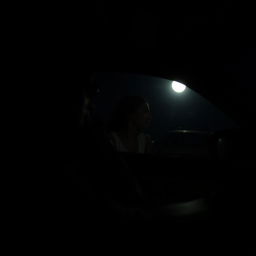 In the foreground, a man and a woman are in a vehicle driving at night