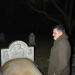 En un cementerio silencioso, una persona lleva a Manuel junto a la tumba de alguien querido