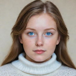 A portrait of a light brown-haired girl with sparkling blue eyes, a snub nose, and a round face, donned up in a cozy white sweater.