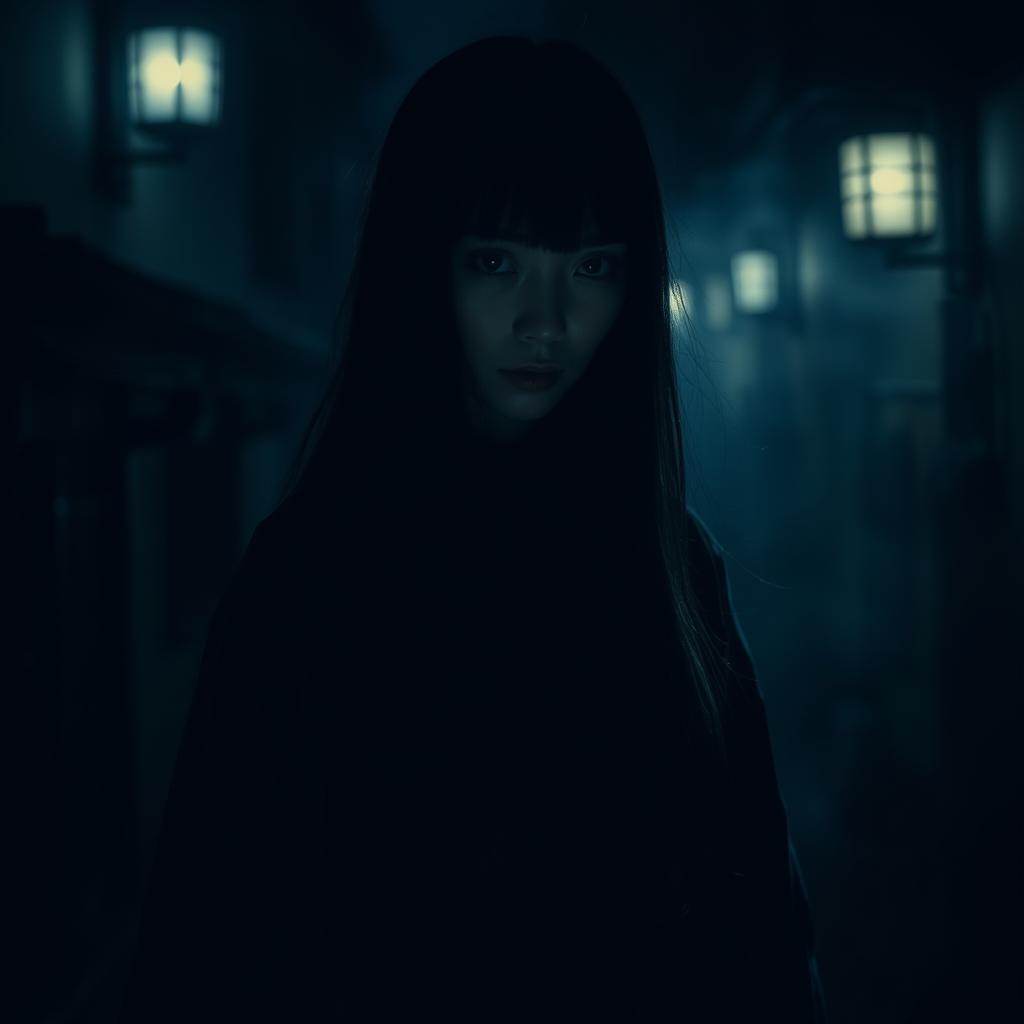 A dark, eerie scene with a Japanese woman who embodies a sense of terror