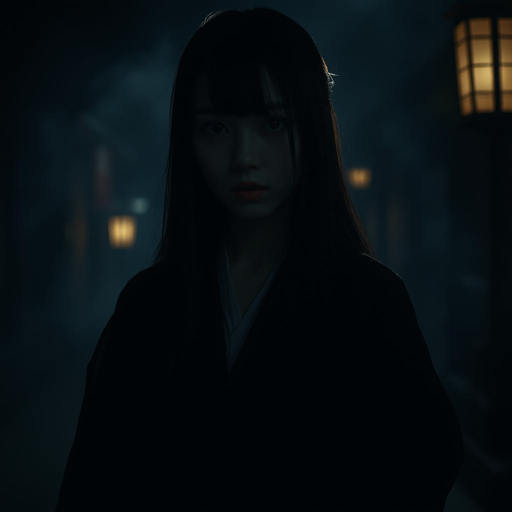 A dark, eerie scene with a Japanese woman who embodies a sense of terror