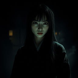 A dark, eerie scene with a Japanese woman who embodies a sense of terror