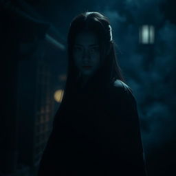 A dark, eerie scene with a Japanese woman who embodies a sense of terror