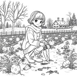 Black and white coloring book illustration capturing the essence of fall and winter with a detailed scene of a girl harvesting carrots on her farm