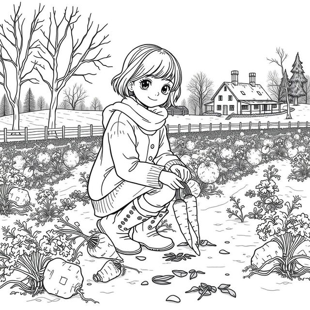 Black and white coloring book illustration capturing the essence of fall and winter with a detailed scene of a girl harvesting carrots on her farm