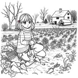 Black and white coloring book illustration capturing the essence of fall and winter with a detailed scene of a girl harvesting carrots on her farm