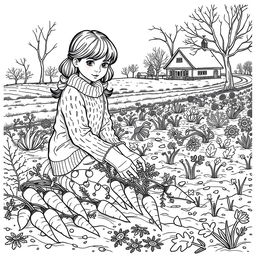 Black and white coloring book illustration capturing the essence of fall and winter with a detailed scene of a girl harvesting carrots on her farm