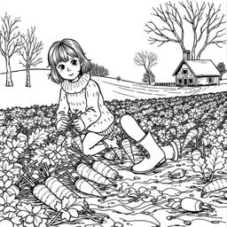 Black and white coloring book illustration capturing the essence of fall and winter with a detailed scene of a girl harvesting carrots on her farm