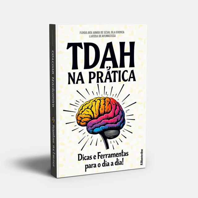 An ebook cover design for the title 'TDAH na Prática: Dicas e Ferramentas para o dia a dia!' featuring a vivid and colorful image of a brain, symbolizing creativity and mental processes associated with ADHD