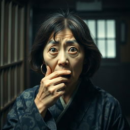 A mid-age Japanese woman with an expression of terror on her face