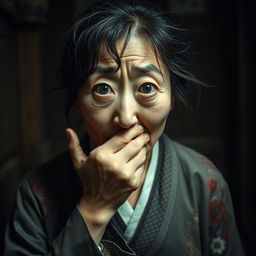 A mid-age Japanese woman with an expression of terror on her face