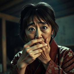 A mid-age Japanese woman with an expression of terror on her face