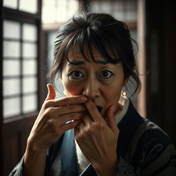 A mid-age Japanese woman with an expression of terror on her face