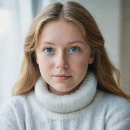 A portrait of a light brown-haired girl with sparkling blue eyes, a snub nose, and a round face, donned up in a cozy white sweater.