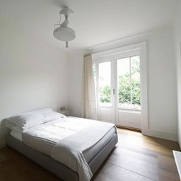 A small, stylish white bedroom with the unique feature of a window positioned directly behind the bed, streaming natural light into the room