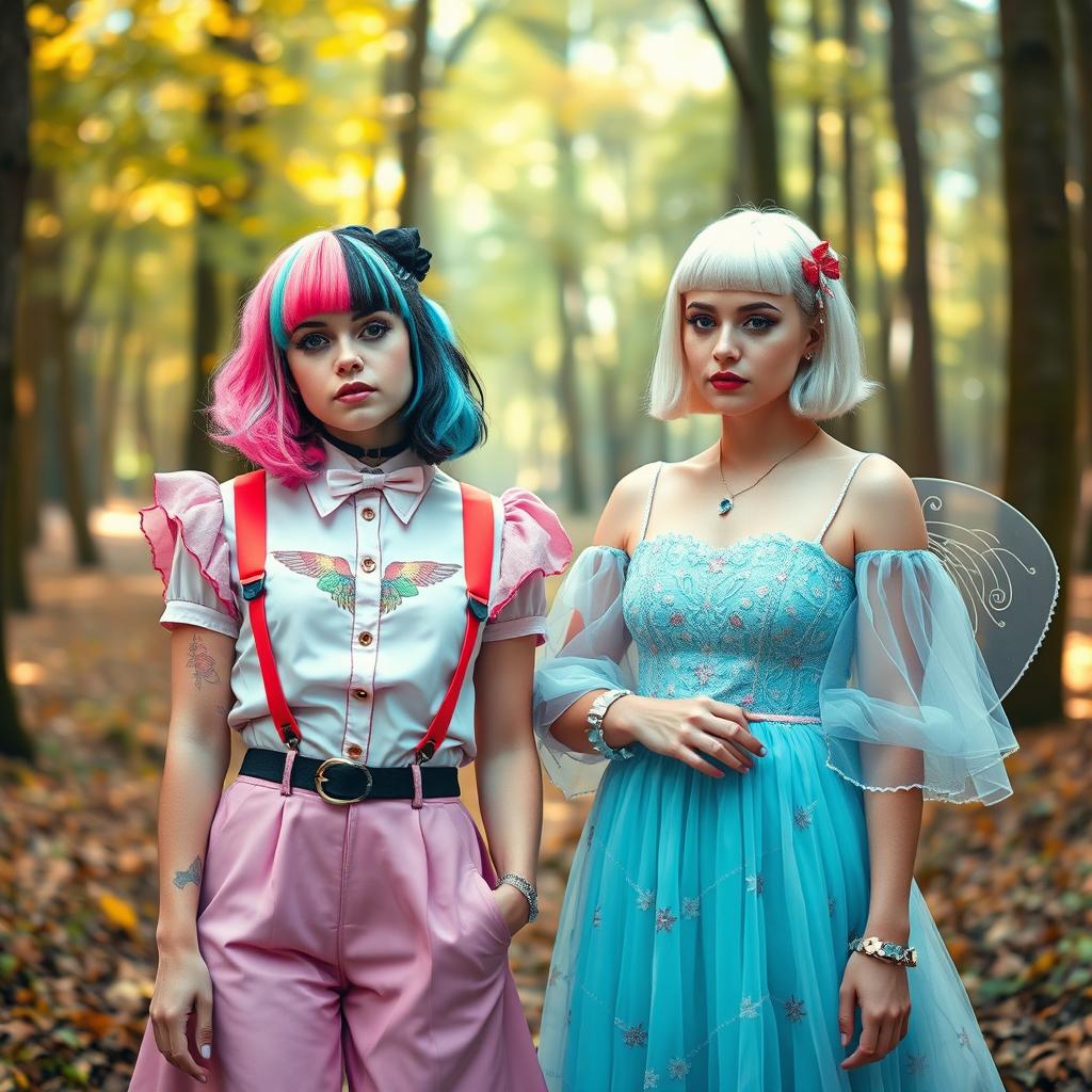 Melanie Martinez and Aurora Aksnes standing together, both in stylish and whimsical outfits