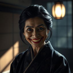 A mid-age Japanese woman with a terrifying smile on her face